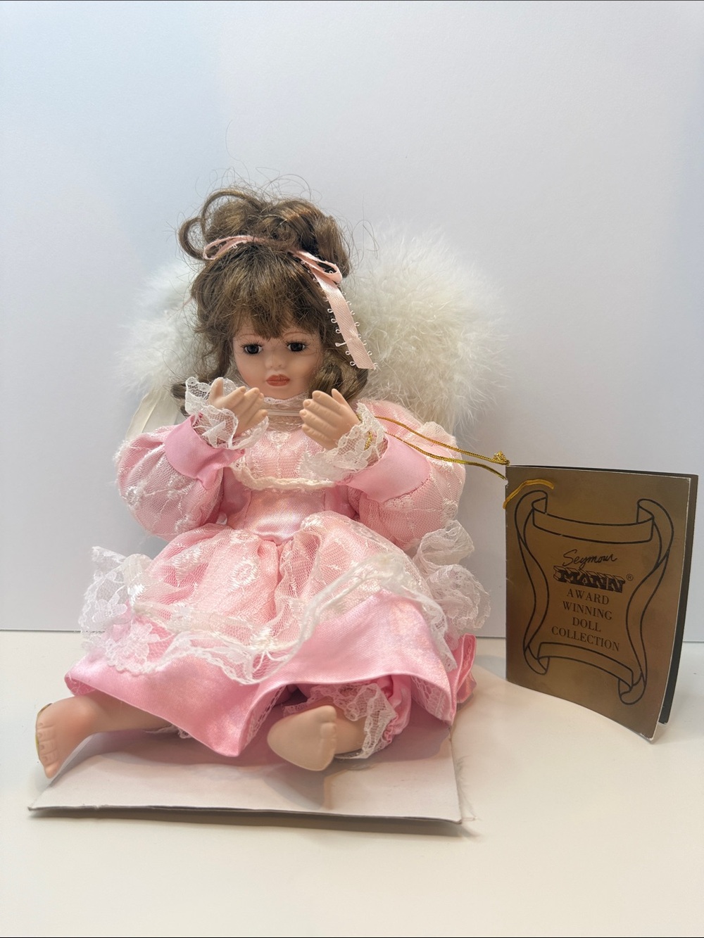 Vintage Seymour Mann Porcelain Angel Doll Pink Lace Dress Feather Wings